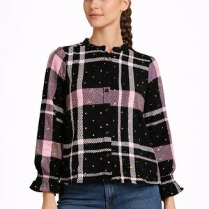 Harve Benard Women’s Plaid Button Down Blouse Black Pink Size XL